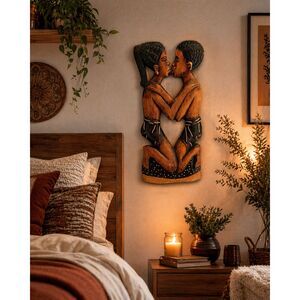 Hand Carved African Wood Sculpture Couple Kissing Tribal Folk Art Statue 20”